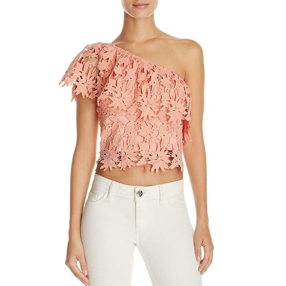Lush Salmon Pink Floral Crochet Lace One Shoulder Crop Top Festival Medium NWOT